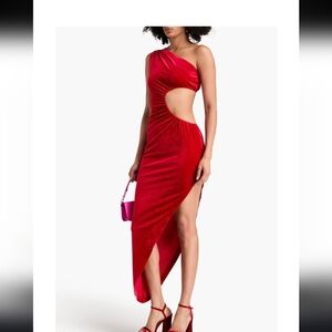 Norma Kamali Sunburst Maxi Dress Cut-Out One-Shoulder Velvet Bodycon Tango Red S